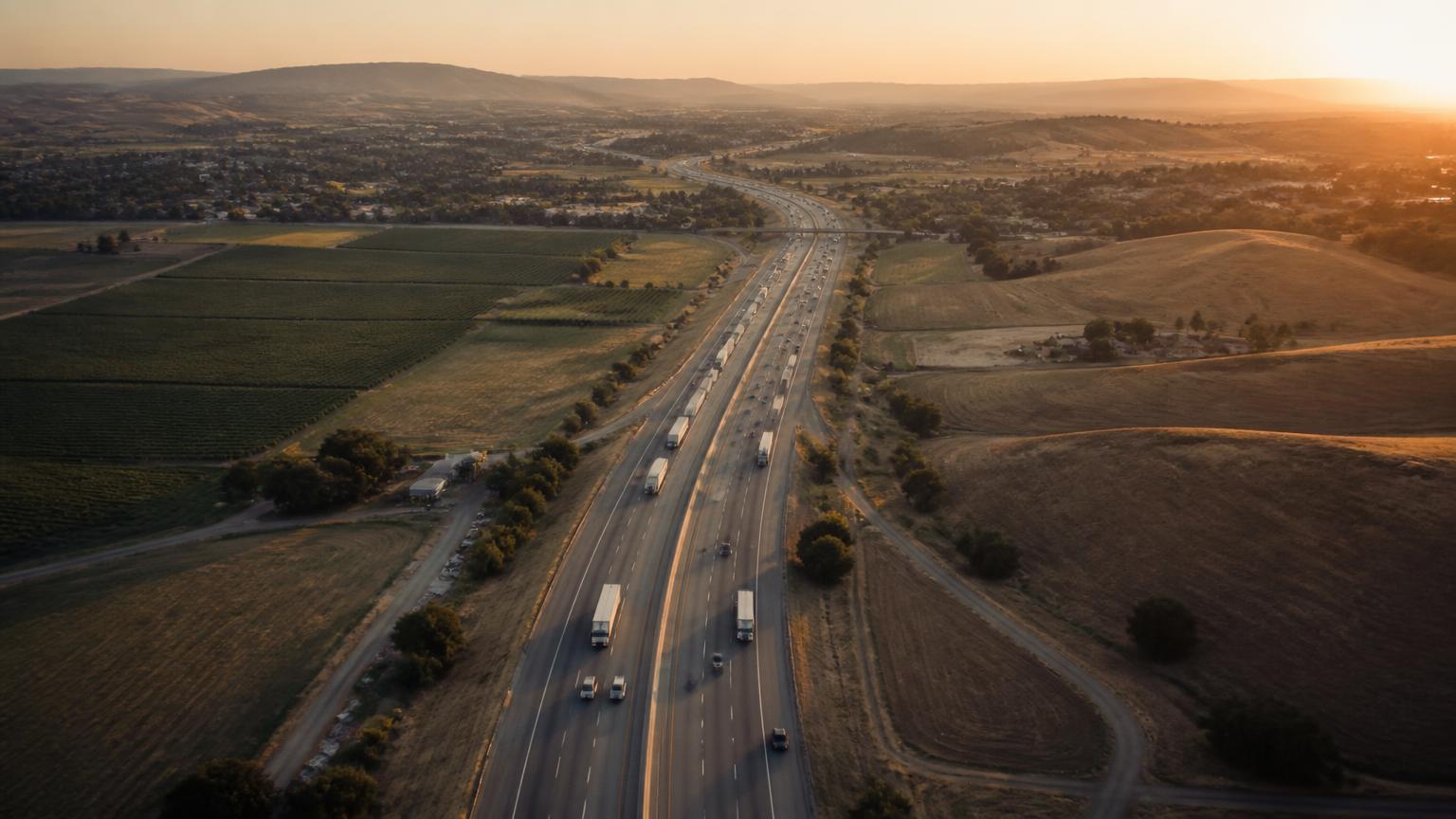 Aerial view of a California interstate corridor at golden hour