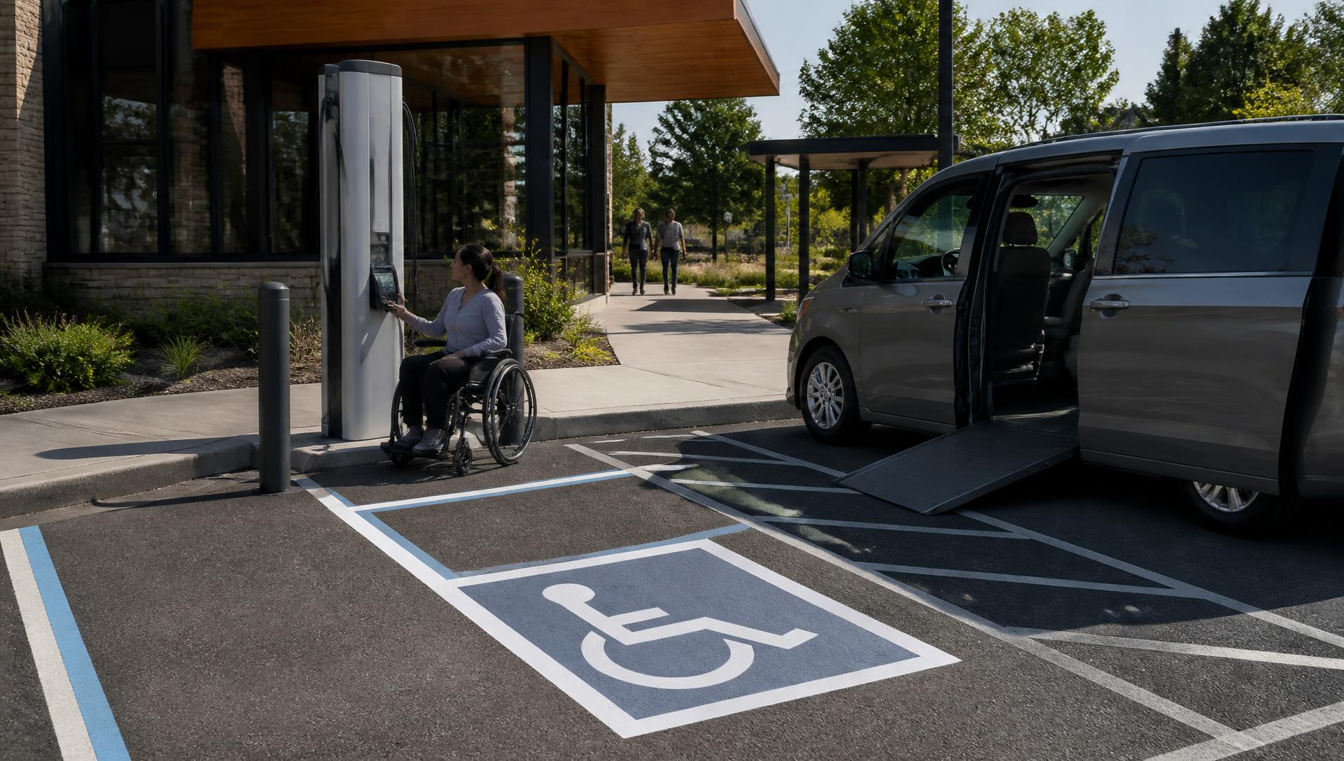 Rendering of a person using a wheelchair at a wide accessible charging stall with a low-mounted screen beside a side-entry accessible van