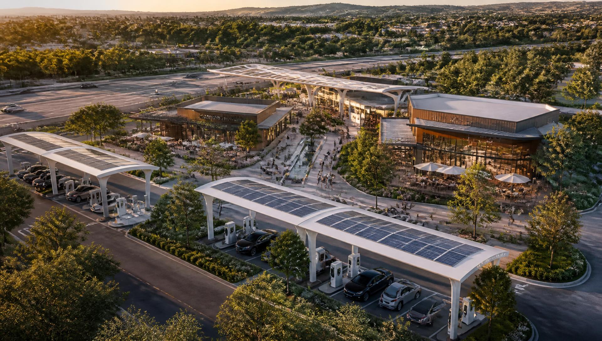 Aerial architectural rendering of a Sentinel Mobility Hub at golden hour with solar charging canopies, a central pedestrian plaza, water feature, and restaurant pavilions