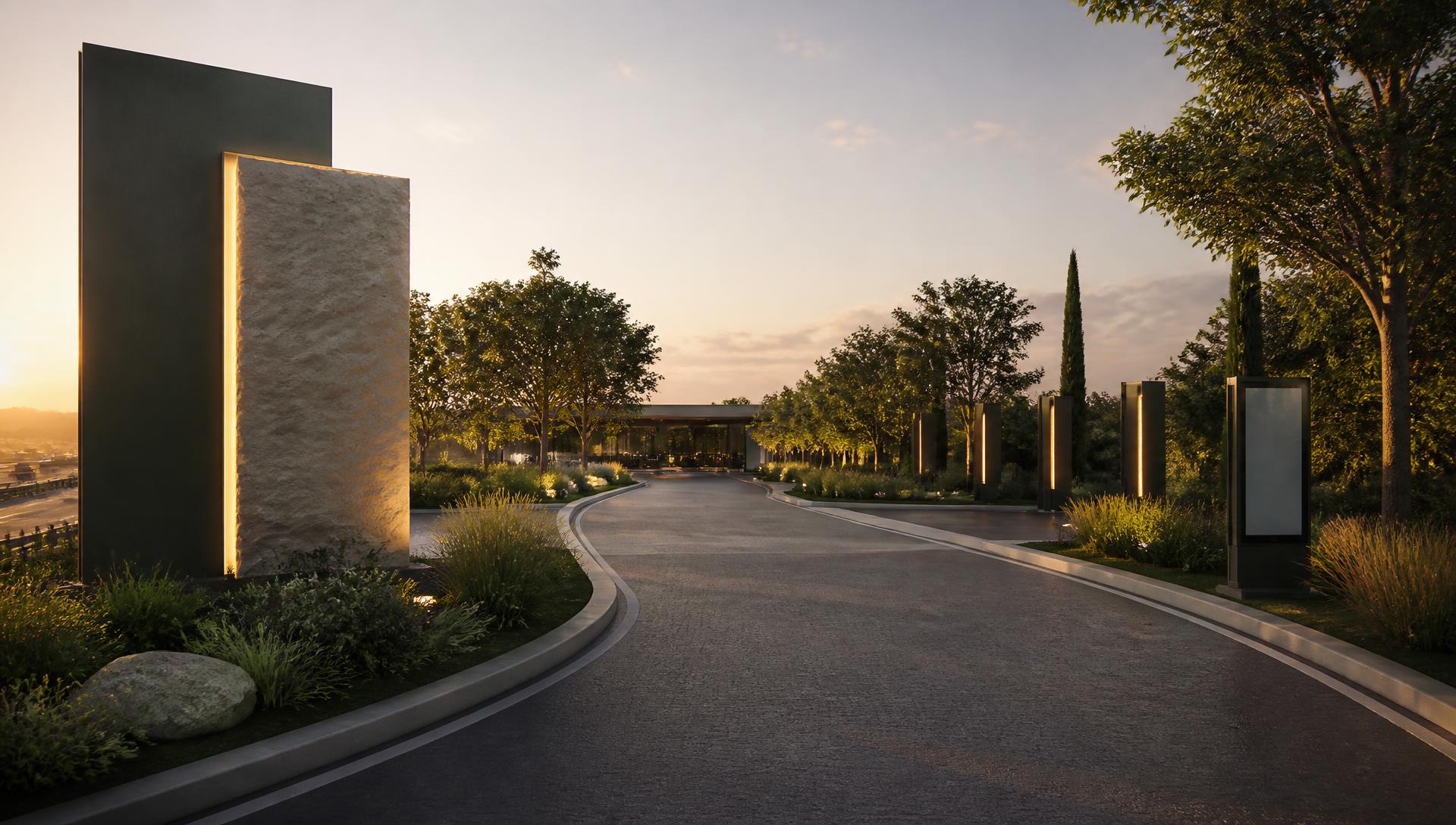 Rendering of a stone and dark green entrance monument with lit wayfinding pylons along a landscaped entry drive at dusk