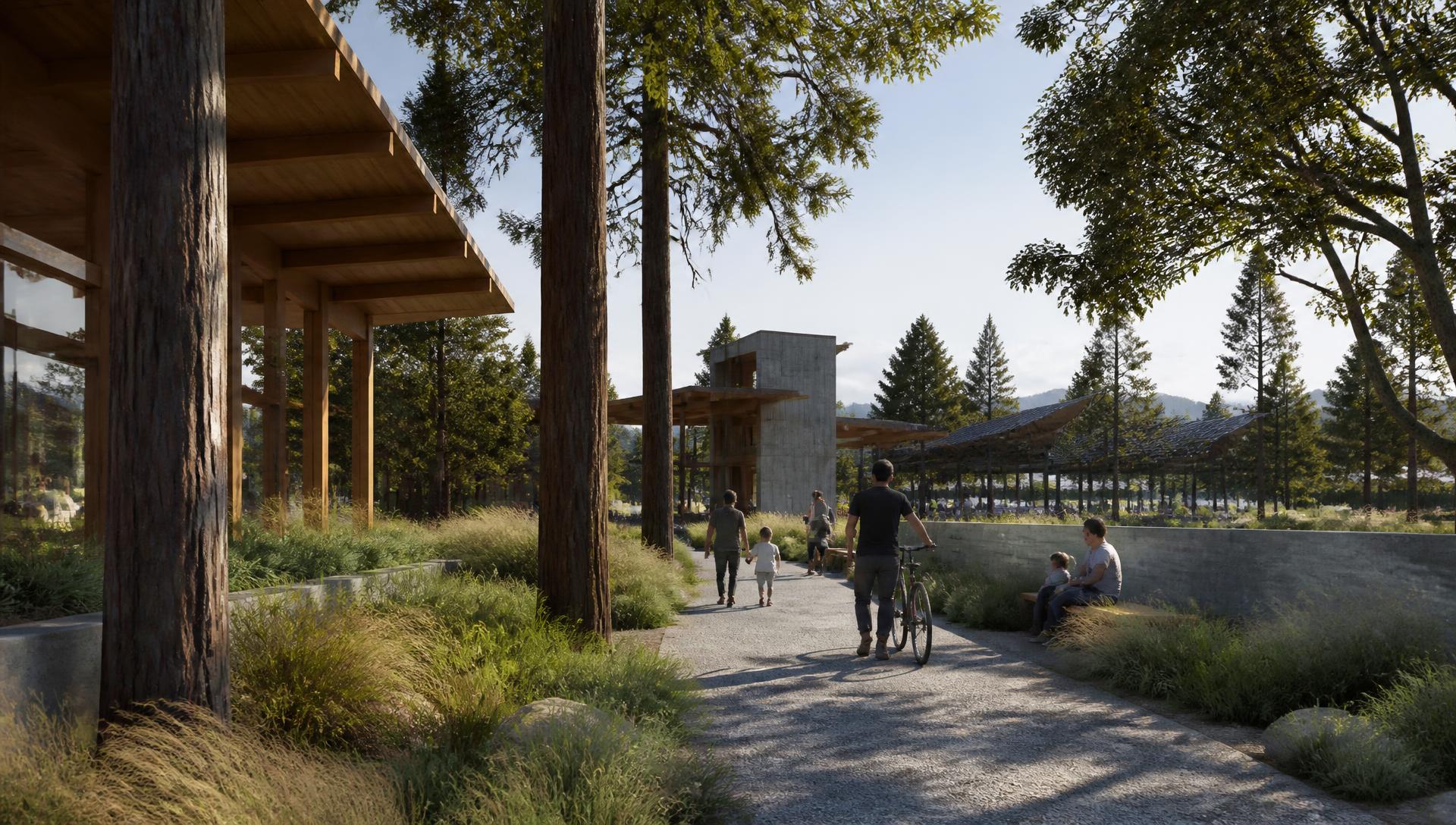Rendering of a Northern California mobility hub with timber buildings, redwoods, native grasses, and families on a shaded path