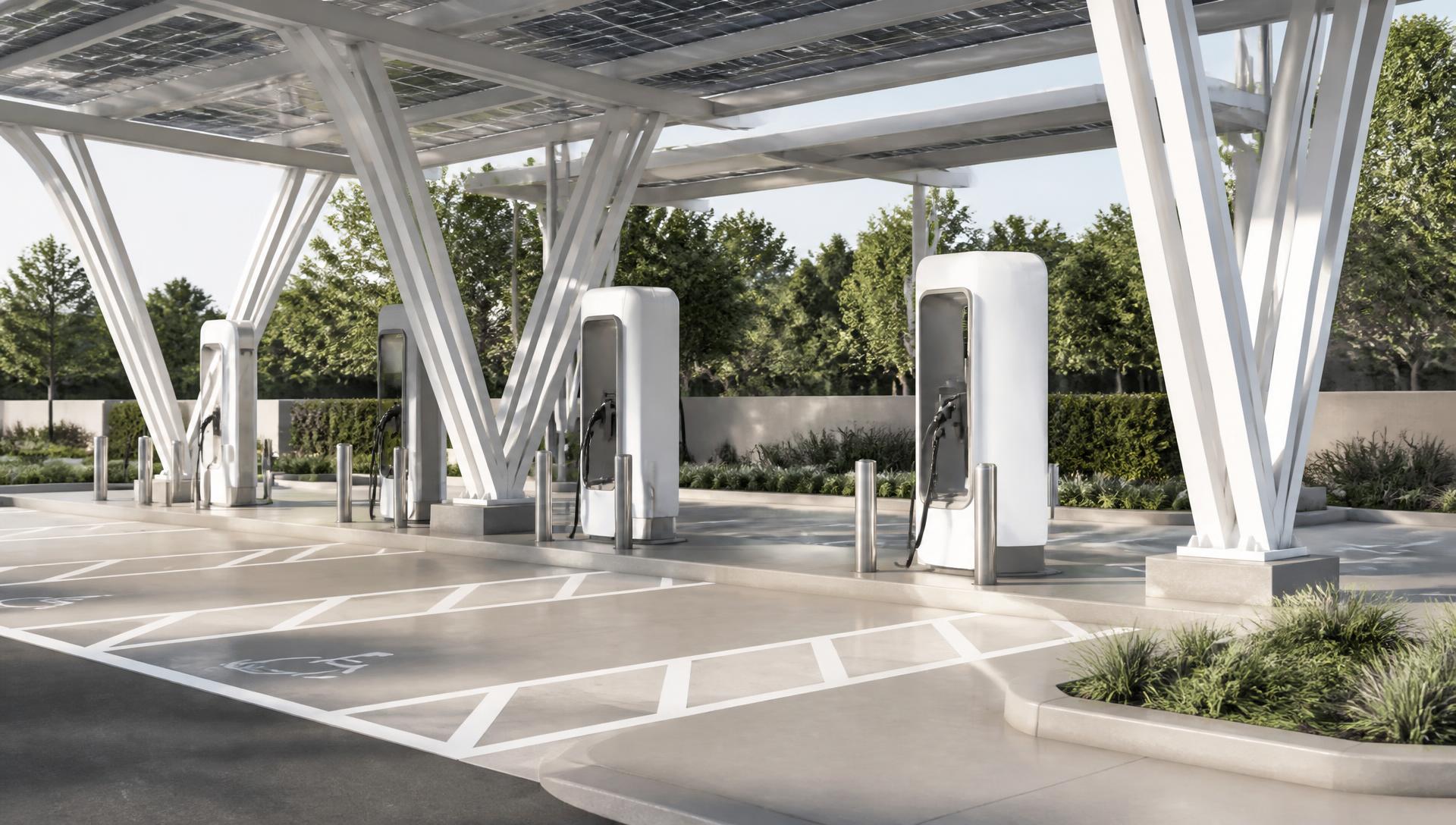 Rendering of covered EV fast-charging stalls beneath a white steel and solar canopy with marked accessible transfer aisles