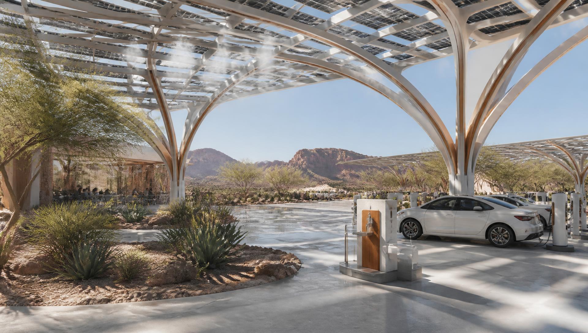 Rendering of a desert mobility hub with large sculptural solar shade canopies, misting, desert planting, and red rock mountains beyond