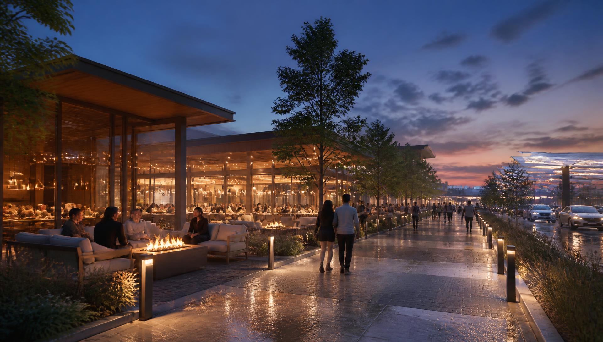 Night rendering of a lit promenade with glowing restaurant pavilions, fire pits, and people walking between illuminated solar canopies