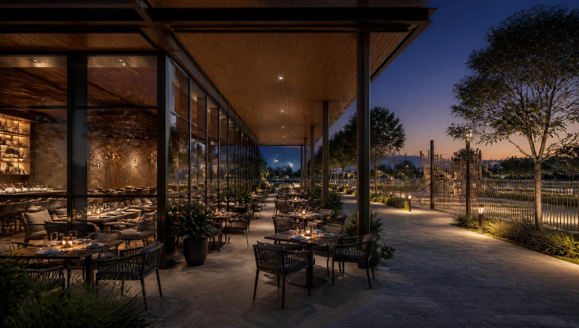 Rendering of a glass-walled restaurant pavilion with a covered patio facing a landscaped promenade at dusk