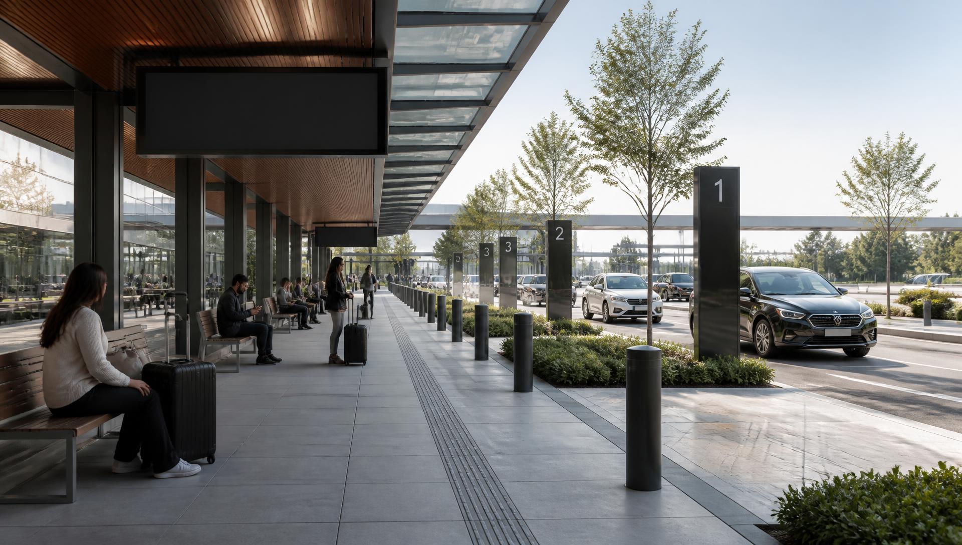 Rendering of a covered rideshare pickup plaza with benches, digital pickup boards, numbered curbside zones, and planted separation