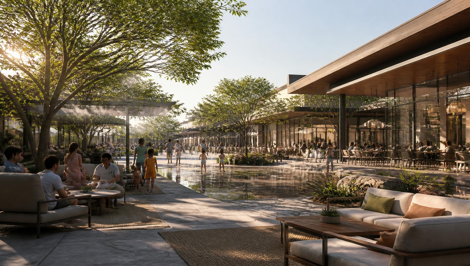 Rendering of a shaded pedestrian plaza with cafe patios, a shallow water feature, and families seated in the afternoon light
