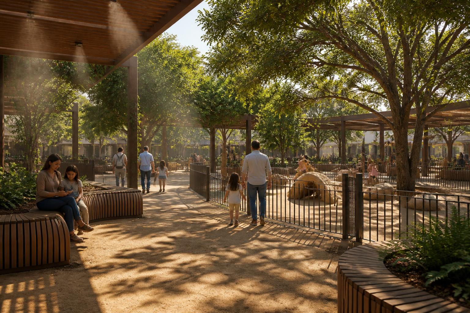 Rendering of a shaded pedestrian plaza with gated play area and misted seating