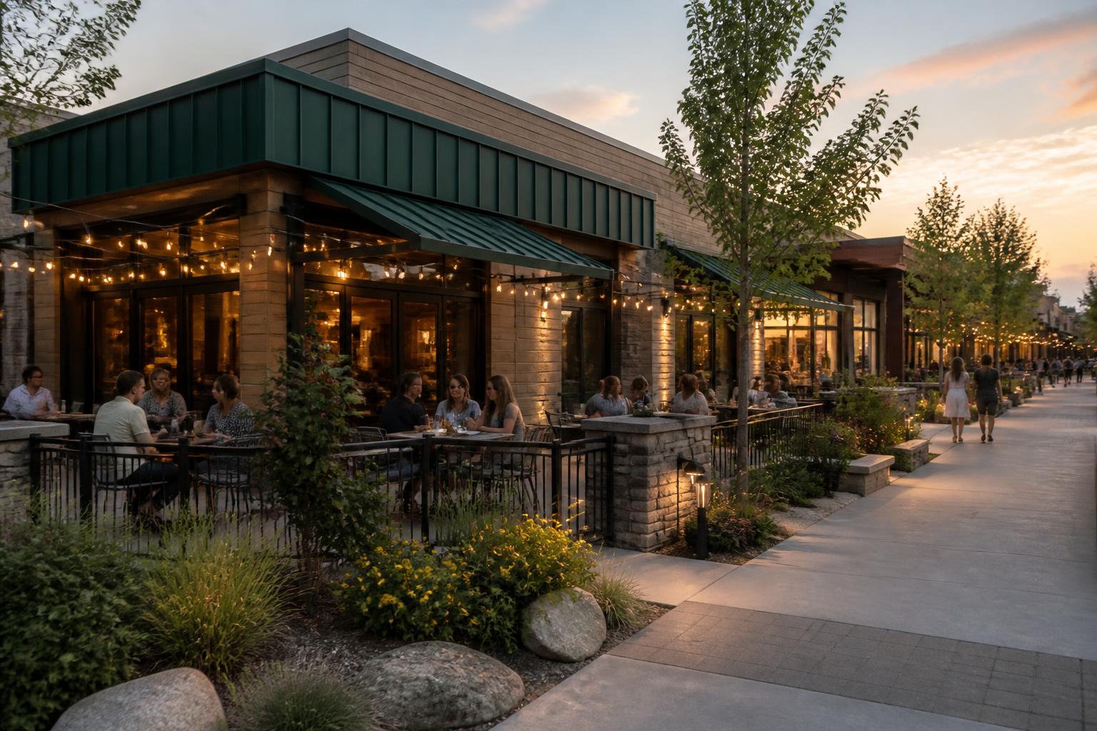 Rendering of restaurant pads with patio dining facing a landscaped promenade